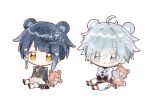  2boys :o ahoge animal_ears artist_name bandaged_arm bandaged_leg bandages bear_ears black_footwear black_gloves blue_coat blue_eyes blue_hair blunt_bangs blush blush_stickers boots chibi chongyun_(genshin_impact) closed_mouth coat colored_eyelashes commentary_request earrings elbow_gloves food frilled_sleeves frills genshin_impact gloves hair_between_eyes heart highres hood hood_down hoodie jewelry long_sleeves looking_at_viewer male_focus multiple_boys nekorune_(bukubuku_awai) open_mouth pants parted_bangs popsicle shoes short_hair short_sleeves sidelocks signature simple_background single_earring sitting smile stuffed_animal stuffed_toy teddy_bear vision_(genshin_impact) white_background white_footwear white_hoodie white_pants wide_sleeves xingqiu_(genshin_impact) yellow_eyes 