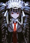  1girl asawa_a31 black_background black_jacket celestia_ludenberg collared_shirt danganronpa:_trigger_happy_havoc danganronpa_(series) drill_hair headdress jacket long_hair necktie open_clothes open_jacket print_necktie red_eyes red_necktie shirt smile solo twin_drills twintails upper_body white_shirt 