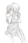  2girls ahoge closed_eyes commentary_request dress greyscale hand_on_another&#039;s_back hand_on_another&#039;s_shoulder highres hug koito_yuu long_hair monochrome multiple_girls nanami_touko nyamo pinafore_dress school_uniform short_hair short_twintails sitting sitting_on_lap sitting_on_person sketch sleeveless sleeveless_dress tohmi_higashi_high_school_uniform twintails yagate_kimi_ni_naru yuri 