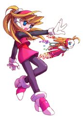  1girl absurdres archived_source black_bodysuit blonde_hair blue_eyes bodysuit bodysuit_under_clothes ciel_(mega_man) cyber_elves gloves high-waist_skirt high_ponytail highres long_hair mega_man_(series) mega_man_zero_(series) nakayama_tooru official_art passy_(mega_man) pink_helmet pink_shirt pink_skirt shirt simple_background skirt solo transparent_background 