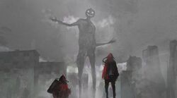  2others building cloak commentary_request fog giant giant_monster glowing glowing_eyes grey_sky halloween highres kneeling kohata_(kohatazuke) looking_at_monster looking_at_viewer looking_down looking_up monster monster_focus multiple_others original outstretched_arms oxygen_tank partially_colored pumpkin pumpkin_head red_cloak red_hood sky spread_arms standing window 