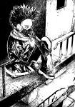 1boy black_footwear boku_no_hero_academia engawaji jacket knee_up male_focus mask railing scarf shinsou_hitoshi sitting solo spiky_hair 