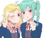  2girls :o ;d aqua_hair blazer blonde_hair blue_jacket blush braid collared_shirt commentary_request dress dress_shirt flower gradient_hair grey_dress grin hair_flower hair_ornament hair_over_shoulder hair_ribbon heart highres index_finger_raised jacket jenny_(je2live) long_hair long_sleeves looking_at_viewer love_live! love_live!_superstar!! low_twin_braids multicolored_hair multiple_girls neck_ribbon one_eye_closed onitsuka_natsumi onitsuka_tomari open_clothes open_jacket open_mouth parted_bangs partial_commentary pink_hair red_eyes red_ribbon ribbon school_uniform shirt siblings simple_background sisters smile twin_braids upper_body white_background white_flower white_ribbon white_shirt winter_uniform yuigaoka_school_uniform 