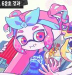  1girl 1other blue_bow blue_shirt bow chewing closed_mouth commentary_request dot_nose flingza_roller_(splatoon) food food_on_face holding holding_food holding_weapon inkling inkling_girl inkling_player_character korean_commentary medium_hair pink_hair print_shirt red_eyes seanwich_(splatoon) shirt short_twintails solo_focus splatoon_(series) star_(symbol) star_in_eye symbol_in_eye tentacle_hair twintails ufo_sw upper_body wavy_hair weapon 