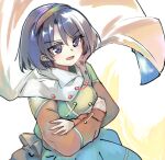  1girl :d aura breasts cape cloak cloud_print crossed_arms dress ginnkei hairband multicolored_clothes multicolored_dress multicolored_hairband patchwork_clothes purple_hair rainbow_gradient short_hair simple_background sky_print small_breasts smile solo tenkyuu_chimata touhou two-sided_cape two-sided_fabric upper_body v-shaped_eyebrows violet_eyes white_background white_cape white_cloak zipper 