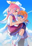  1boy 1girl absurdres blue_eyes blue_hair blue_sky carrying carrying_person citrusplatsoda closed_mouth clouds colored_tips green_hair hair_between_eyes hetero highres inkling inkling_boy inkling_player_character long_hair multicolored_hair octoling octoling_girl octoling_player_character orange_hair outdoors pink_hair pink_skirt pointy_ears sandals short_hair short_ponytail skirt sky smile socks splatoon_(series) tentacle_hair two-tone_hair white_socks yellow_eyes 