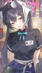  1girl absurdres alternate_costume animal_ear_fluff animal_ears black_hair black_shirt blue_archive blush cat_ears extra_ears hair_between_eyes highres long_hair looking_at_viewer open_mouth red_eyes serika_(blue_archive) shirt short_sleeves smile solo sysen twintails 