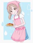  1girl apron bandana blue_background blue_skirt blush border brown_eyes brown_hair chef_hat commentary_request cropped_legs food hat highres holding holding_plate looking_at_viewer medium_hair omelet omurice open_mouth original pink_apron pink_bandana plate puffy_short_sleeves puffy_sleeves shirt short_sleeves skirt solo standing toque_blanche twintails waramugu white_border white_shirt 