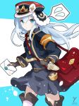  1girl aqua_eyes bag belt black_dress blue_background brown_gloves commentary_request cowboy_shot dragalia_lost dress envelope gloves hair_between_eyes hat holding holding_envelope long_hair long_sleeves looking_at_viewer mailbag noelle_(dragalia_lost) parted_lips red_bag shoulder_bag solo spoken_sweatdrop sweatdrop takasaka_light two-tone_background white_background white_hair 