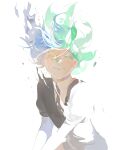  1other androgynous aqua_hair black_necktie blue_hair blush chinese_commentary closed_mouth collared_shirt colored_eyelashes commentary_request cracked_skin crystal_hair dissolving dissolving_clothes facing_viewer floating_hair gem_uniform_(houseki_no_kuni) green_hair grey_hair hair_floating_upwards happy highres houseki_no_kuni mismatched_eyelashes multicolored_hair necktie other_focus phosphophyllite puffy_short_sleeves puffy_sleeves shirt short_hair short_sleeves simple_background smile solo sparkle spoilers torn_clothes upper_body v_arms white_background white_shirt xiaoxiaoguguzi 