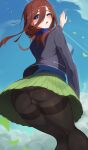  1girl ass ass_visible_through_thighs black_jacket black_thighhighs blue_eyes blue_shirt blue_sky breasts brown_hair clothes_lift clouds cloudy_sky falling_leaves go-toubun_no_hanayome green_skirt hair_between_eyes headphones headphones_around_neck highres hiyoku jacket large_breasts leaf legs long_hair looking_to_the_side nakano_miku panties school_uniform shirt skirt skirt_lift sky thick_thighs thigh-highs thighs underwear wind wind_lift 