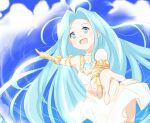  1girl ahoge bare_shoulders blue_eyes blue_hair blush bridal_gauntlets choker clouds commentary dress fisheye granblue_fantasy happy kikurage_(sugi222) long_hair looking_at_viewer lyria_(granblue_fantasy) outstretched_hand pointing sky smile solo very_long_hair white_choker white_dress 