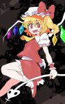  1girl absurdres ascot blonde_hair flandre_scarlet hat highres holding kurachi_mizuki looking_at_viewer mob_cap open_mouth puffy_short_sleeves puffy_sleeves red_eyes red_footwear red_vest short_sleeves side_ponytail solo touhou vest wings yellow_ascot 