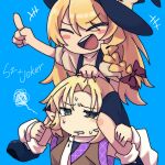 +++ 2girls :d black_hat blonde_hair blue_background blush bow braid brown_bow brown_shirt carrying character_name clenched_teeth commentary_request cookie_(touhou) eyes_visible_through_hair full_body green_eyes hair_between_eyes hat highres index_finger_raised joker_(cookie) kirisame_marisa long_bangs long_hair medium_bangs melanin_shikiso mizuhashi_parsee multiple_girls open_mouth pointy_ears round_teeth scarf shirt short_hair shoulder_carry simple_background single_braid skirt skirt_set smile socks squiggle suzu_(cookie) teeth touhou upper_body upper_teeth_only v-shaped_eyebrows white_scarf white_shirt white_socks witch_hat 