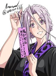 1girl baron_(varon666) black_kimono fuuto_tantei highres holding holding_paper japanese_clothes kamen_rider kamen_rider_w kimono looking_at_viewer paper pink_eyes purple_hair smile solo teeth tokime_(fuuto_tantei) translation_request upper_body violet_eyes white_background