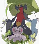  animal_focus black_eyes black_sclera cinccino claws colored_sclera commentary garchomp grass highres leaf_umbrella n29670007 no_humans pokemon pokemon_(creature) rain sharp_teeth spikes symbol-only_commentary teeth triangle_mouth yellow_eyes 