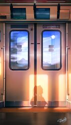  1girl absurdres blue_sky commentary_request door highres moon motion_blur mountain original reflection scenery shadow signature sky smile_(qd4nsvik) standing sunlight train train_interior window 