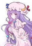  1girl blue_bow blush book bow breasts closed_mouth crescent crescent_hat_ornament dress frilled_dress frills giorgio_(yo_sumire_sola1) hair_bow hat hat_ornament highres holding holding_book large_breasts long_hair long_sleeves looking_at_viewer mob_cap patchouli_knowledge purple_dress purple_hair purple_hat red_bow solo striped_clothes striped_dress touhou vertical-striped_clothes vertical-striped_dress violet_eyes 
