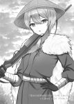  1girl :o artist_name character_request commentary_request copyright_name copyright_notice cowboy danjo_no_yuujou_wa_seiritsu_suru? fur_trim greyscale gun hair_between_eyes hand_on_own_hip hat highres holding holding_gun holding_weapon looking_at_viewer monochrome novel_illustration official_art old open_mouth outdoors parum39 rice_hat second-party_source short_hair sky solo weapon 