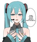  1girl ai-generated_art_(topic) aqua_eyes aqua_hair aqua_necktie bare_shoulders black_sleeves bright_pupils collared_shirt commentary detached_sleeves english_commentary english_text grey_shirt hair_between_eyes hair_ornament half-closed_eyes hatsune_miku headset highres long_sleeves looking_at_viewer mykokampfwagen necktie open_mouth raised_eyebrow shirt simple_background sleeveless sleeveless_shirt sleeves_past_wrists solo speech_bubble twintails upper_body vocaloid white_background white_pupils 
