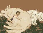  1girl barefoot closed_eyes dress earrings facial_mark feet jewelry lying mononoke_hime moro_(mononoke_hime) negitama_(nagi) on_side san_(mononoke_hime) short_hair sleeping toes white_dress white_fur white_wolf wolf 