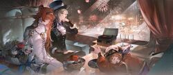  1other 3girls absurdres aerial_fireworks apple_(reverse:1999) bai_qi-qsr basket bouquet cityscape cup drinking_glass eyewear_on_head fireworks flower hat highres kodona lolita_fashion multiple_girls night night_sky official_art phonograph regulus_(reverse:1999) reverse:1999 sky sleeping sonetto_(reverse:1999) sunglasses top_hat train_interior vertin_(reverse:1999) wine_glass 