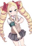  1girl arai_satomi armband beatrice_(re:zero) black_skirt blonde_hair bow butterfly-shaped_pupils chestnut_mouth commentary_request cosplay drill_hair forehead green_armband hair_bow long_hair parted_bangs pleated_skirt re:zero_kara_hajimeru_isekai_seikatsu red_bow s_(hdru2332) school_uniform shirai_kuroko shirai_kuroko_(cosplay) shirt short_sleeves sidelocks skirt solo sweater_vest symbol-shaped_pupils toaru_kagaku_no_railgun toaru_majutsu_no_index tokiwadai_school_uniform twin_drills twintails v-shaped_eyebrows vest voice_actor_connection white_background white_shirt yellow_vest 