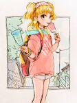  1girl backpack bag blonde_hair blush earrings eating food gacho_p green_eyes hairband heart heart_earrings hood hoodie ice_cream idolmaster idolmaster_cinderella_girls jewelry jougasaki_rika long_hair looking_at_viewer short_shorts shorts smile solo tongue tongue_out two_side_up 