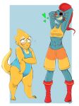  2010s 2015 2d 2girls abs alphys anthro anthro_only armpits bad_id bad_tumblr_id bigger_female blue_background blue_body blue_skin blue_swimsuit boots breasts canon_couple chubby chubby_anthro chubby_female couple digital_media_(artwork) duo ear_fins eyepatch female_anthro female_only fins fish fish_girl glasses hair hands_behind_head head_fins larger_female lizard lizard_girl lizard_tail looking_at_another looking_at_each_other looking_down looking_up marine monster muscular muscular_anthro muscular_female nicky1311 non-mammal_breasts official_alternate_costume ponytail pose posing red_boots red_ponytail redhead reptile reptile_girl reptile_tail scalie sharp_teeth shorter_female simple_background slightly_chubby slit_pupils smaller_female smile smiling_at_another swimsuit tail taller_female teeth tumblr two-tone_background two_tone_background undertale undyne white_background white_border yellow_body yellow_sclera yellow_skin yellow_swimsuit 