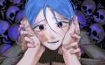  1girl blue_eyeliner blue_eyes blue_hair breasts colored_eyelashes eyeliner hair_between_eyes hands_on_another&#039;s_face highres holding holding_hands looking_at_viewer makeup open_mouth original scar scar_across_eye scar_on_cheek scar_on_face sitting skull smile solo yasutatsu_(amazu) 