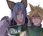  2boys aburaage animal_ears armor blonde_hair clenched_teeth cloud_strife donbee_(food) donbee_kitsune_udon final_fantasy final_fantasy_vii food fox_ears gloves green_eyes grey_hair hand_on_another&#039;s_shoulder holding instant_udon kemonomimi_mode kitsune_udon long_hair long_sleeves looking_at_another male_focus multiple_boys nervous_sweating noodles parted_bangs ribbed_shirt sephiroth shirt shoulder_armor sleeveless smile spiky_hair sweat teeth udon upper_body 