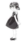  1girl arms_behind_back child dress full_body greyscale highres interlocked_fingers mary_janes monochrome original own_hands_together puffy_short_sleeves puffy_sleeves shoes short_dress short_hair short_sleeves short_twintails simple_background socks solo spot_color standing take_no_(xtc65_0) twintails white_background 