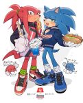  2boys alternate_costume alternate_hairstyle animal_ears black_jacket blue_footwear blue_fur blue_jacket chibi chibi_inset copyright_name cup disposable_cup food food_in_mouth full_body furry furry_male gloves green_eyes green_socks grey_jacket highres holding holding_cup holding_food hot_dog jacket knuckles_the_echidna looking_at_viewer multicolored_clothes multicolored_jacket multiple_boys open_mouth partially_unzipped pizza pizza_slice red_footwear red_fur red_jacket shoes sk_rokuro sneakers socks sonic_(series) sonic_the_hedgehog tail translation_request two-tone_footwear violet_eyes white_background white_footwear white_gloves white_socks 