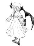  1girl alinoce716 bat_wings center_frills commentary dress frills full_body greyscale hat hat_ribbon high_heels highres long_sleeves looking_at_viewer mob_cap monochrome remilia_scarlet ribbon sash short_hair solo standing touhou wings 