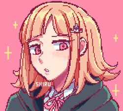  1girl blush brown_hair collared_shirt danganronpa_(series) danganronpa_2:_goodbye_despair hood hood_down hooded_jacket jacket medium_hair nanami_chiaki neck_ribbon pink_background pink_ribbon pixel_art portrait ribbon shirt shiruchi13 solo sparkle teeth 