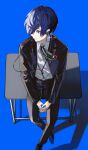  1boy black_footwear black_jacket black_pants black_ribbon blue_background blue_eyes blue_hair closed_mouth collared_shirt desk dress_shirt foot_out_of_frame from_above gekkoukan_high_school_uniform hair_over_one_eye highres jacket long_sleeves male_focus neck_ribbon open_clothes open_jacket ore_iuse pants persona persona_3 ribbon school_uniform shirt short_hair sitting solo white_shirt wing_collar yuuki_makoto_(persona_3) 