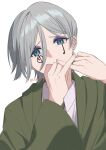  1boy bishounen blue_eyes collared_shirt facial_mark green_robe grey_hair hair_between_eyes highres kani_410 looking_at_viewer margarette_macaron mashle parted_bangs robe shirt short_hair simple_background solo twitter_username white_background 