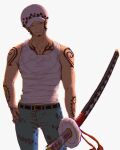  1boy arm_tattoo black_hair chest_tattoo commentary cowboy_shot denim earrings facial_hair goatee hand_tattoo hat highres holding holding_sword holding_weapon jeans jewelry koma_heron male_focus one_piece pants sideburns simple_background smile solo sword symbol-only_commentary tank_top tattoo trafalgar_law weapon white_background white_tank_top 