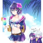  1boy 1girl alternate_costume black_hair drink father_and_daughter fire_emblem fire_emblem_awakening flower hair_flower hair_ornament hood hoodie morgan_(female)_(fire_emblem) morgan_(fire_emblem) ribbon-trimmed_swimsuit ribbon_trim robin_(fire_emblem) robin_(male)_(fire_emblem) swimsuit swimsuit_skirt white_hair yuyu_(spika) 