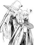  1girl ? blush braid fate/grand_order fate_(series) glass greyscale happy hat long_hair looking_at_viewer monochrome one_eye_closed round_eyewear simple_background smile spoken_question_mark sturkey tonelico_(fate) tonelico_(first_ascension)_(fate) white_background witch_hat 