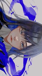  1girl ado_(utaite) aegyo_sal black_hair blue_eyes blue_flower blue_hair blue_rose chando_(ado) closed_mouth cloud_nine_inc colored_inner_hair commentary_request floating_hair flower grey_background highres long_hair looking_at_viewer mole mole_under_eye multicolored_hair portrait revision rose sidelocks sideways simple_background solo twitter_username two-tone_hair utaite yurosuke 