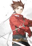  1boy belt black_pants brown_eyes brown_hair closed_mouth commentary_request fighting_stance glint gloves highres holding holding_sword holding_weapon jacket lloyd_irving long_sleeves looking_at_viewer male_focus multiple_belts pants red_gloves red_jacket short_hair solo spiky_hair suspenders sword tales_of_(series) tales_of_symphonia upper_body weapon xing_20 