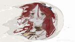  1girl absurdres bottle broken_bottle closed_mouth frogggu glass_bottle gold_choker green_eyes hair_ornament highres long_hair looking_at_viewer portrait puddle redhead reflection reflection_focus reflective_water reverse:1999 sand solo weibo_logo weibo_watermark white_background 