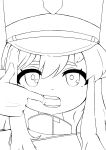  1girl absurdres blue_archive fang finger_in_own_mouth fukuto_kase hair_between_eyes hat highres hikari_(blue_archive) long_hair looking_at_viewer monochrome open_mouth sidelocks sketch teeth white_theme 