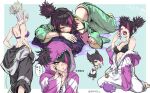 artist_name bandaid bra capcom chibi hair_over_one_eye han_juri holding holding_phone hood hooded_jacket jacket looking_at_phone multicolored_hair official_alternate_costume official_alternate_hairstyle onesie panties partially_unzipped phone ponytail r1nzo simple_background streaked_hair street_fighter street_fighter_6 underwear yawning zipper_pull_tab 
