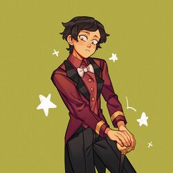  1girl :t amphibia black_hair black_pants bow bowtie cane closed_mouth dark-skinned_female dark_skin dress_shirt esther980174 grain head_tilt highres jacket looking_at_viewer marcy_wu pants shirt short_hair standing star_(symbol) tuxedo yellow_background 