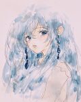  1girl blue_eyes blue_hair earrings hashtag-only_commentary highres jewelry long_hair looking_at_viewer mokomilk_0914 original painting_(medium) parted_lips solo traditional_media upper_body watercolor_(medium) 