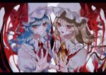  2girls absurdres ascot blonde_hair blood blood_on_face blood_on_hands blue_hair fangs flandre_scarlet hat highres katai_(nekoneko0720) long_hair looking_at_viewer mob_cap multiple_girls pink_hat pink_shirt pointy_ears red_ascot red_eyes red_shirt remilia_scarlet shirt siblings sisters touhou upper_body vampire white_background white_hat wings yellow_ascot 