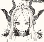  1girl ahoge blue_archive blush closed_mouth demon_horns grey_background greyscale halo haramaki_(haranomaki) highres hina_(blue_archive) horns long_hair looking_at_viewer monochrome multiple_horns portrait signature simple_background solo 