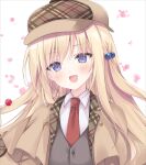  1girl :d black_vest blonde_hair blush brown_hat brown_jacket cabbie_hat cherry_blossoms collared_shirt falling_petals hat head_tilt jacket korie_riko long_hair long_sleeves looking_at_viewer necktie one_side_up open_clothes open_jacket open_mouth original petals plaid plaid_headwear plaid_jacket portrait red_necktie shirt sidelocks simple_background smile solo two-sided_fabric two-sided_jacket vest violet_eyes white_background white_shirt 